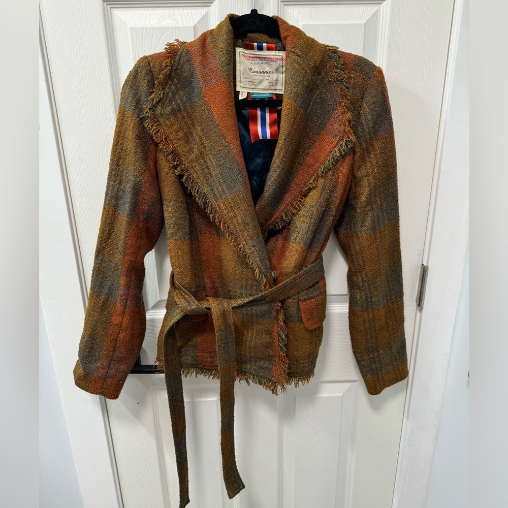 Anthropologie Cartonnier Plaid Fringe Jacket Blazer